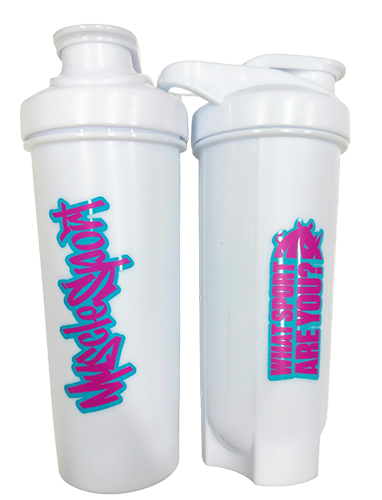 Official Musclesport Graffiti What Sport are You White / Pink Letters + Pink & Blue Logo Shaker 28oz
